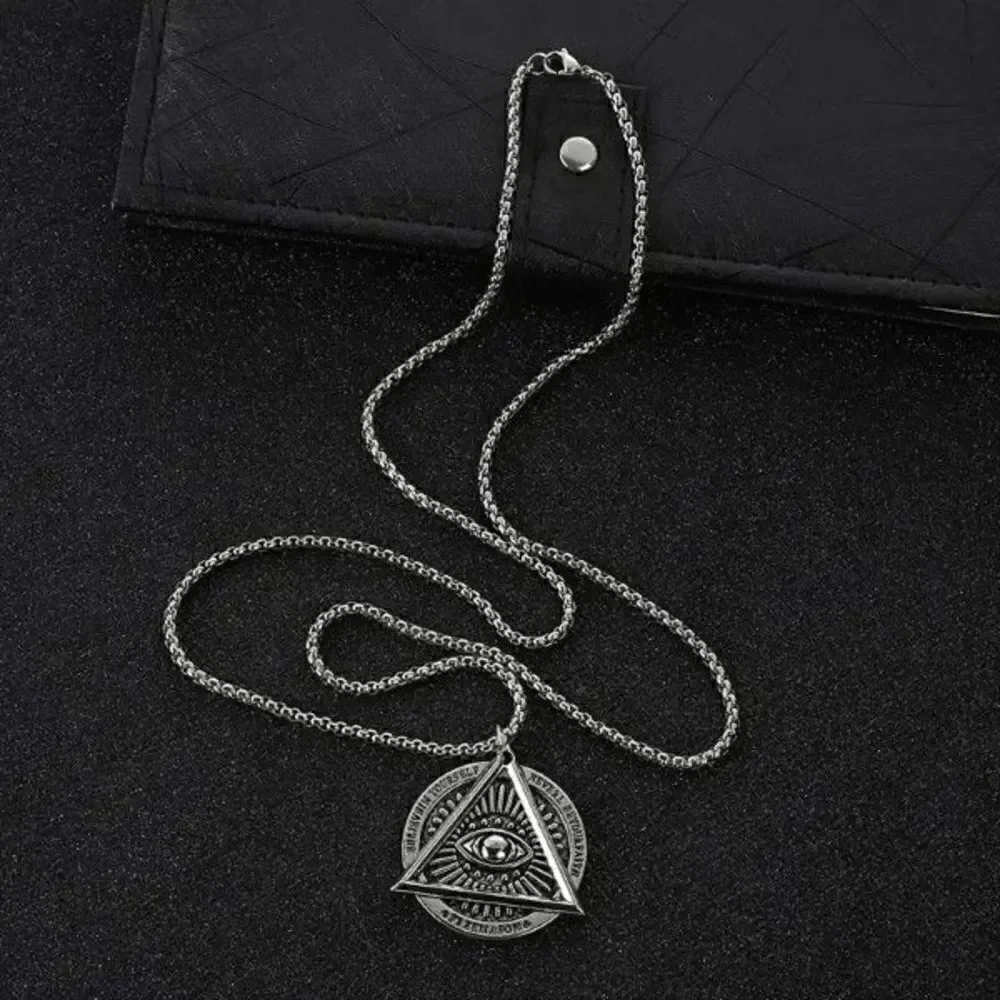 Stainless Steel Masonic Illuminati All Seeing Evil Eye Pendant Chain Necklace